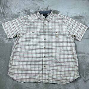 Carhartt Shirt Men's 2XL Cream Brown Plaid Button Down Relaxed Fit Workwear